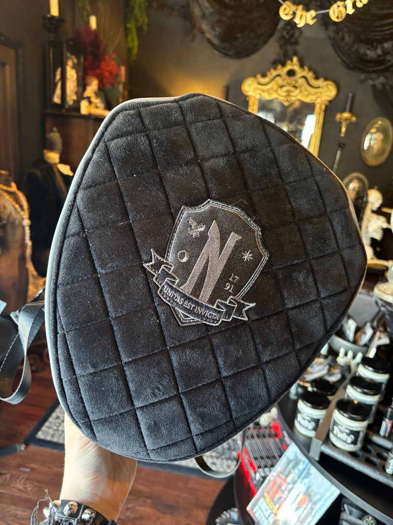 Killstar Wednesday Black Velvet and Vegan Leather Nevermore Backpack