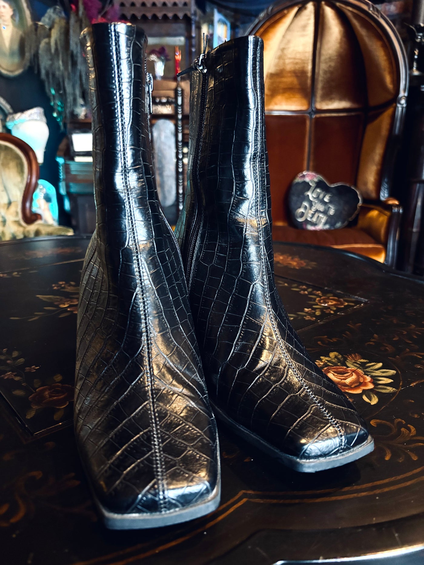 Truffle Collection 90’s Style Square Toe Black Vegan Leather Croc Embossed Chunky Heel Ankle Boots