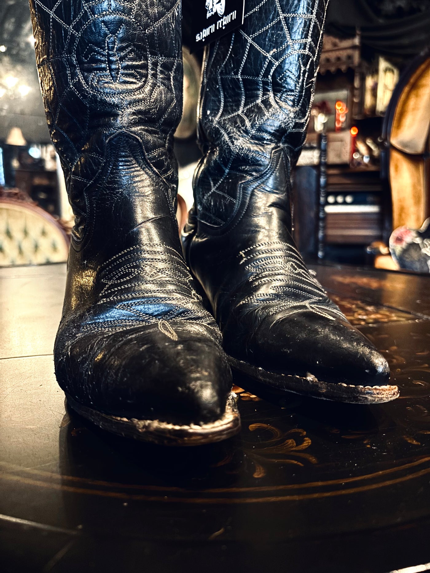 Vintage Goth Spiderweb Black Leather Cowboy Boots