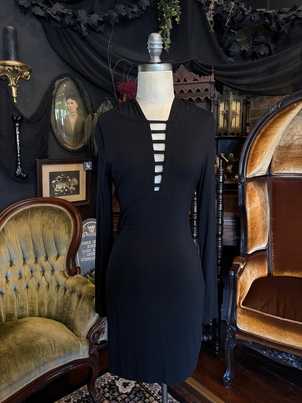 Killstar Goth Vibes Deep V Black Hoodie Mini Dress