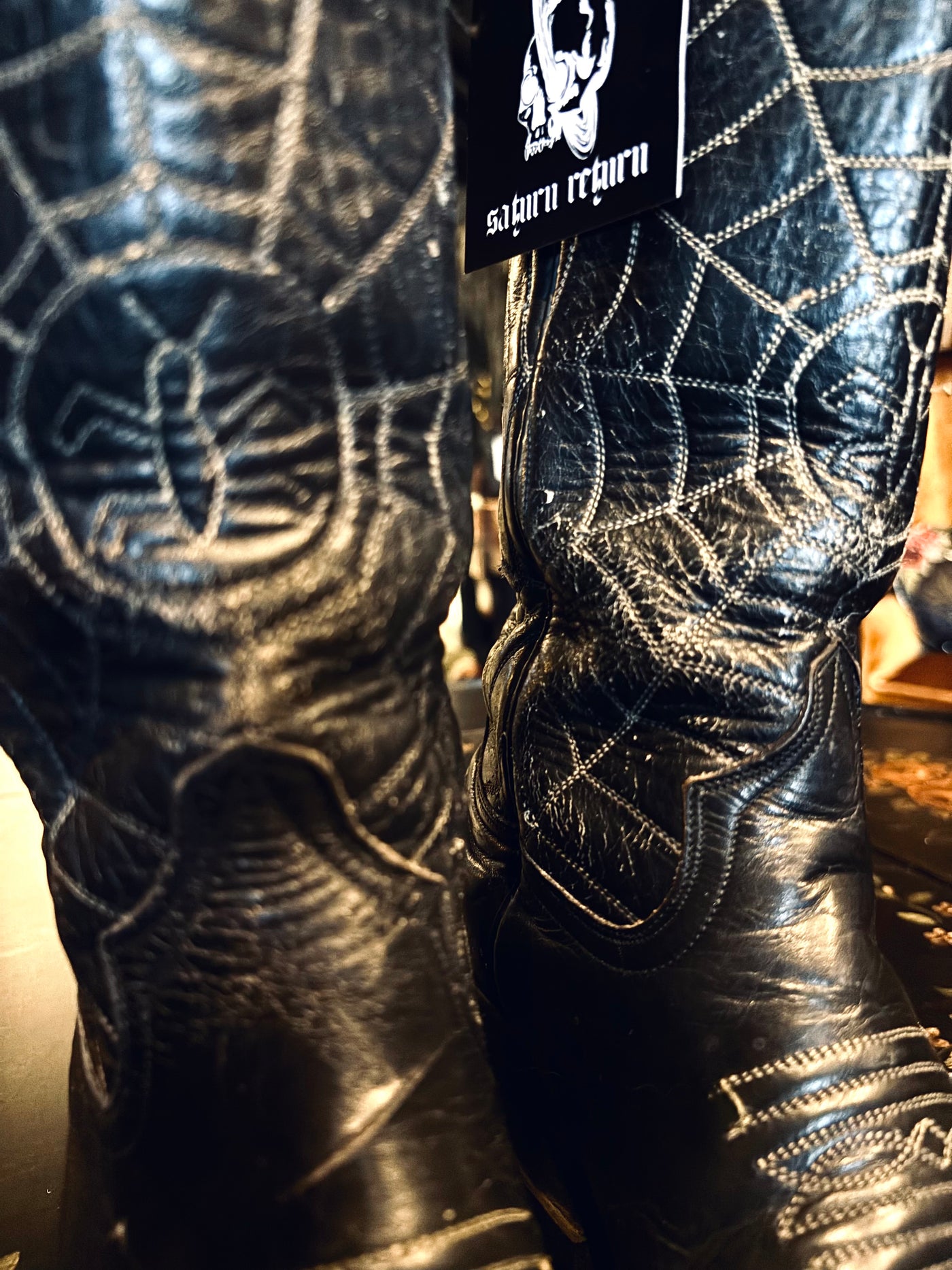 Vintage Goth Spiderweb Black Leather Cowboy Boots