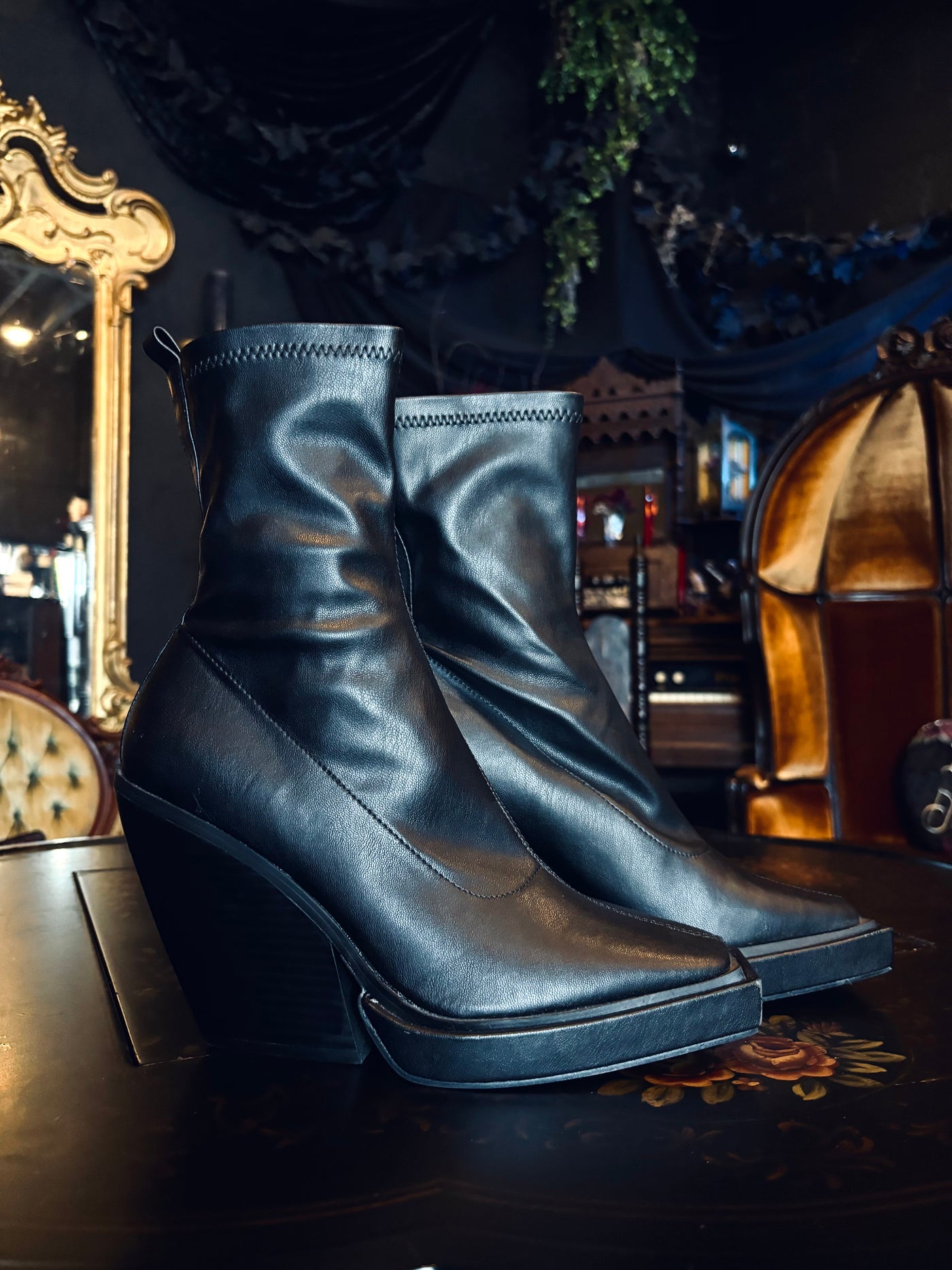 Desire Black Vegan Leather Square Toe Chunky Heel Ankle Sock Booties