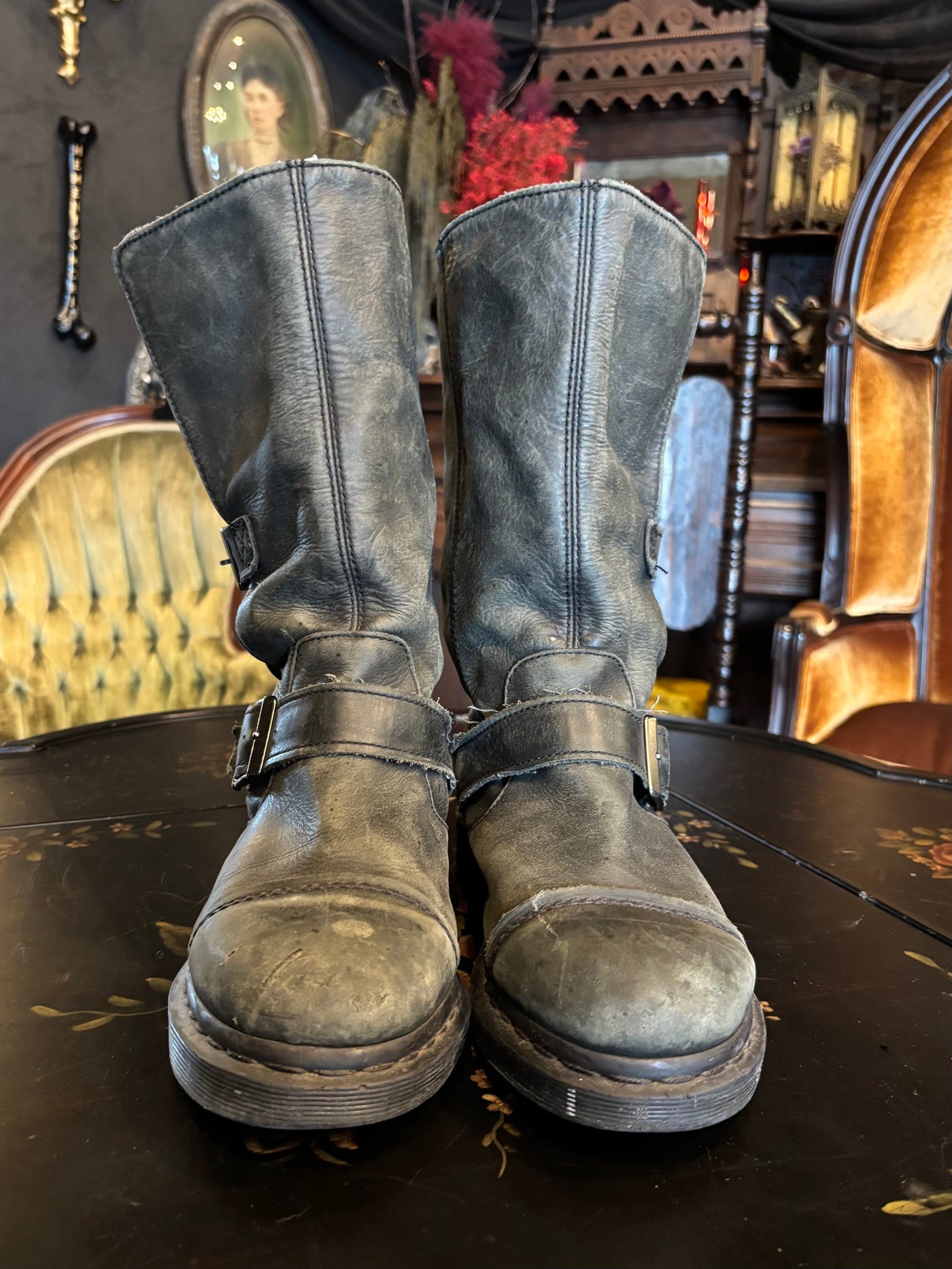Dr. Marten Grey Worn-In Renn Faire Engineer Kathleen Biker Boots