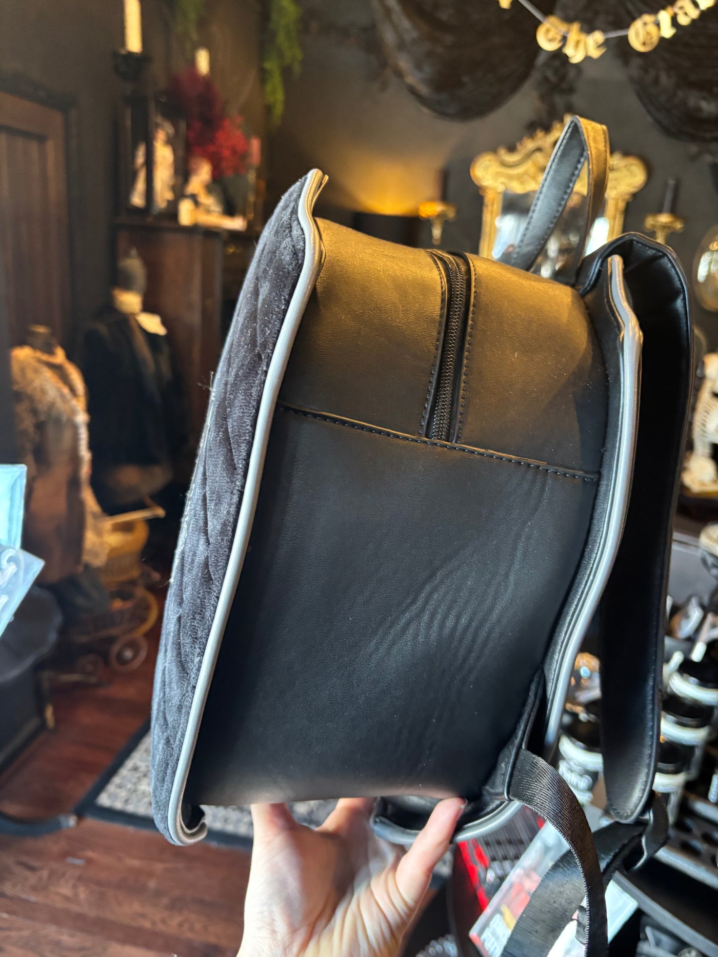 Killstar Wednesday Black Velvet and Vegan Leather Nevermore Backpack