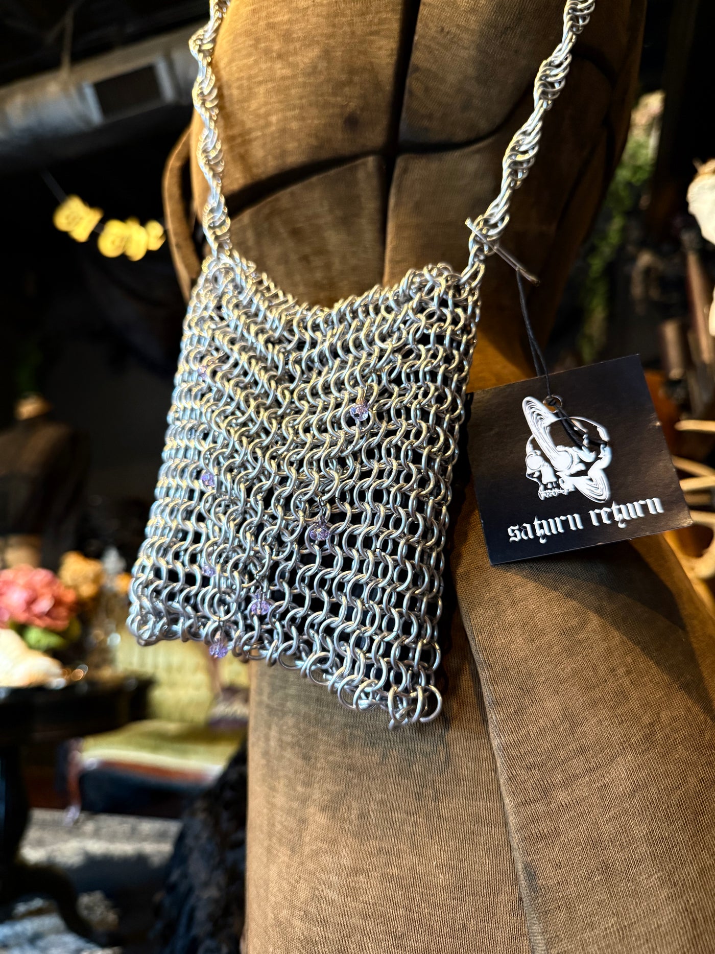 Handmade Silver w/ Purple Beads Aluminum Small Size Chainmail Handbag