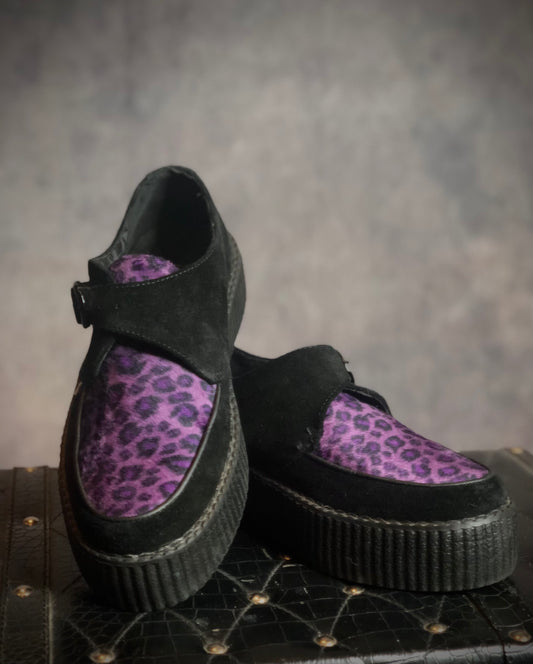 T.U.K. Black and Purple Leopard Suede Creepers