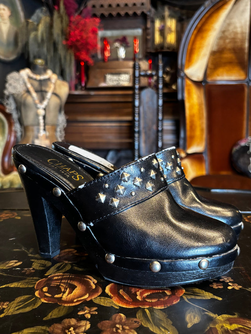 Y2K Chaps Black Silver Studded High Heel Mules