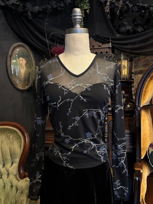 90s Floral Black Mesh Long Sleeve Top