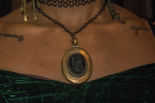 Antique Ornate Bronze Locket with Carved Obsidian Cameo