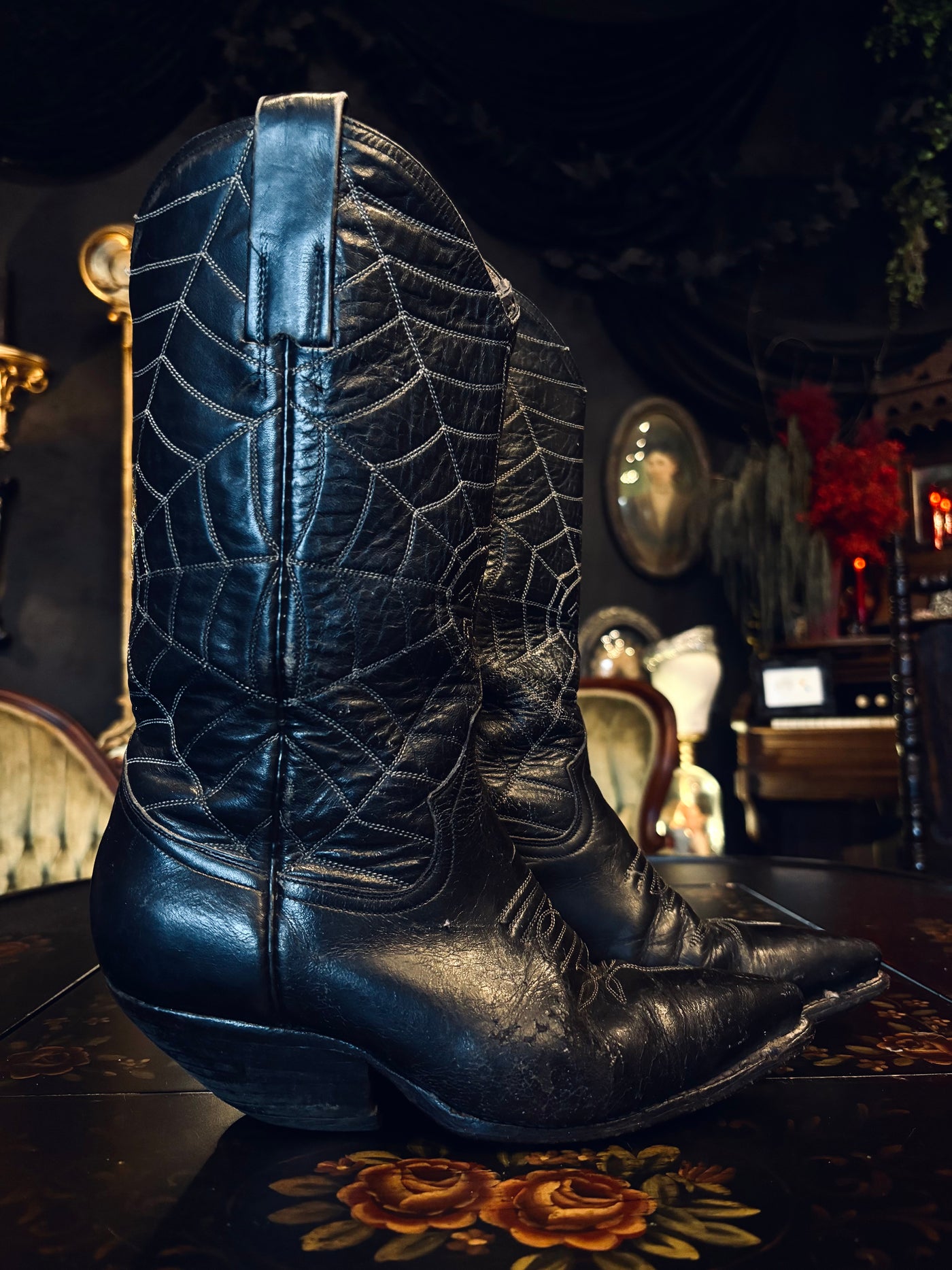 Vintage Goth Spiderweb Black Leather Cowboy Boots