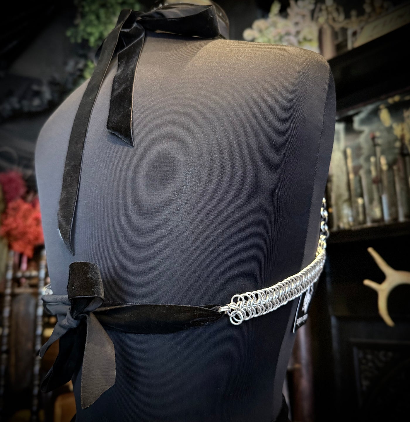 Handmade Silver & Black Velvet Chainmail Bikini Bra Halter Top