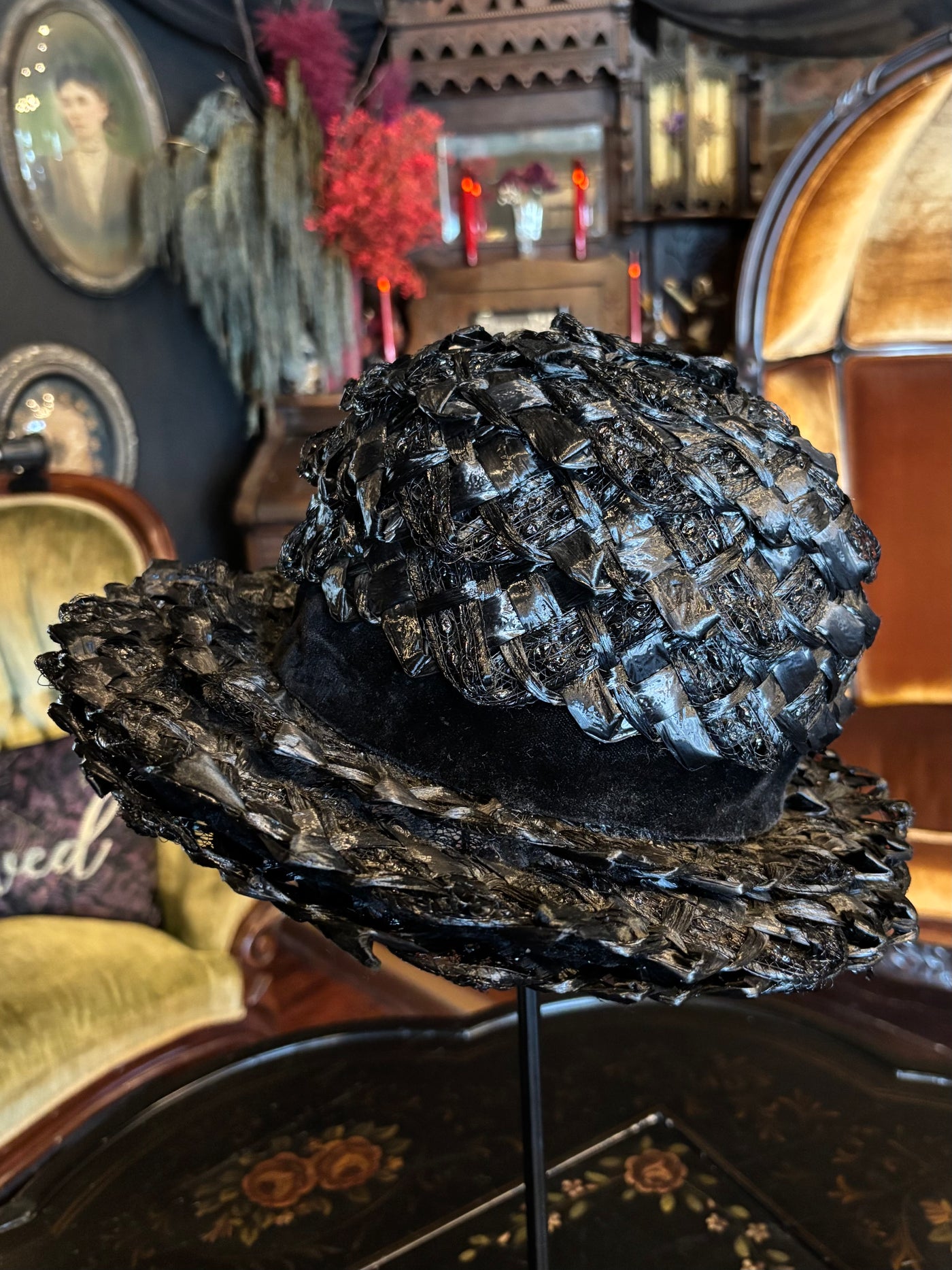 Vintage Black Brimmed Woven Straw Hat