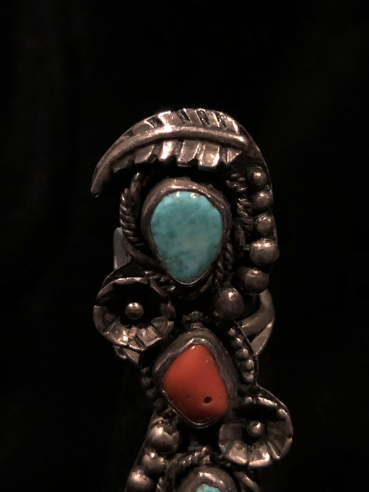 Sterling Silver Triple Stone Turquoise And Red Coral Ornate Ring