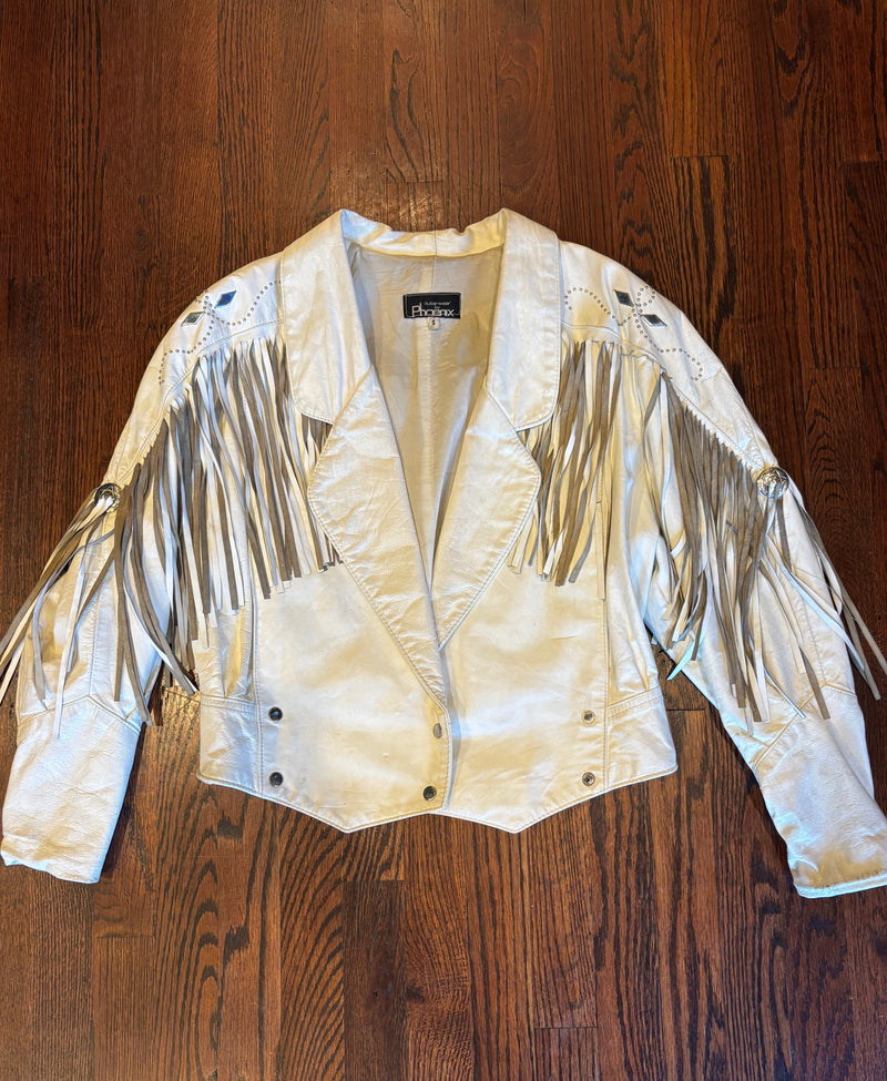 Vintage 80’s White Leather Cropped Fringe Silver Stud Jacket