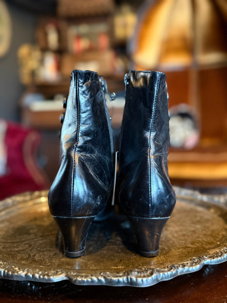 Vintage Black Leather and Suede Button Snap Detail Heeled Boots