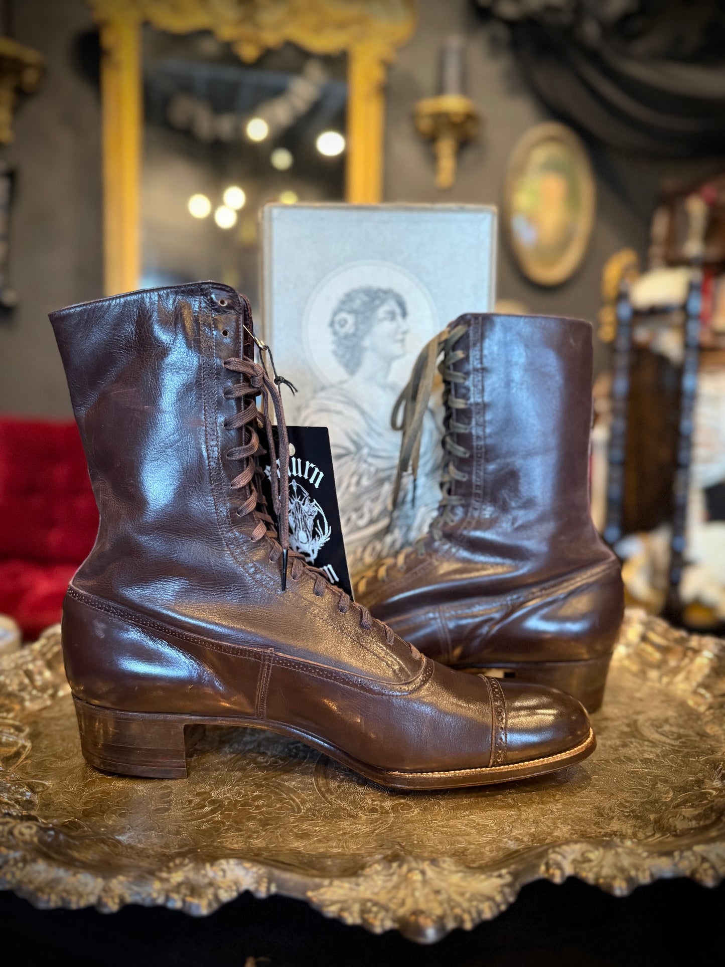 Antique ‘The Boston Favorite’ Brown Leather Deadstock Victorian Lace-Up Boots w/ Original Box