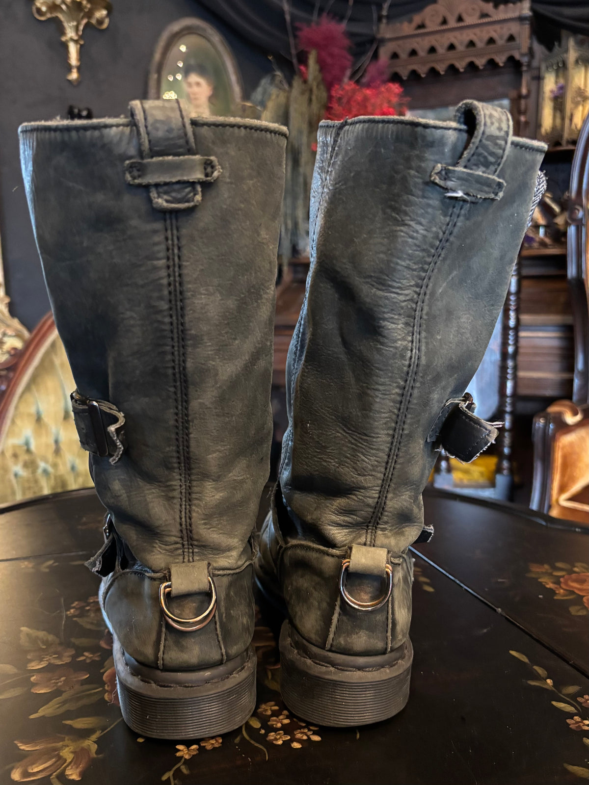 Dr. Marten Grey Worn-In Renn Faire Engineer Kathleen Biker Boots