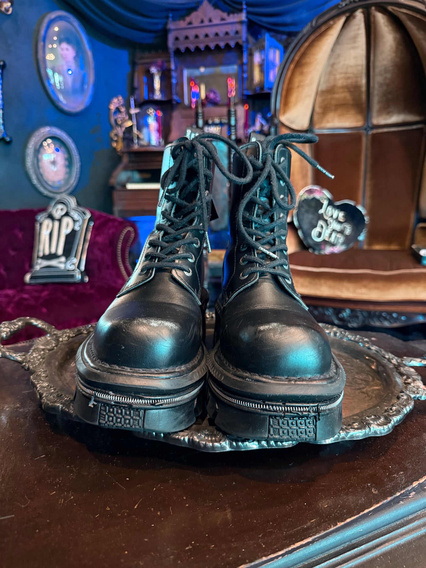 New Rock Black Leather Goth Industrial Platform Goth Boots w/ Zipper Detail