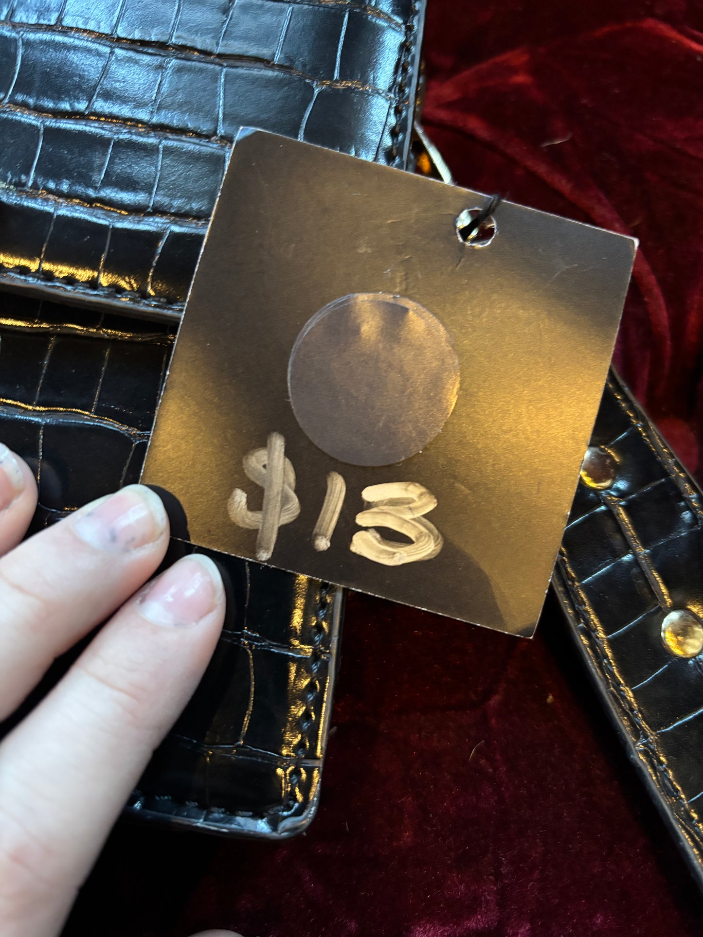 Black Faux Leather Croc Embossed Crossbody Bag w/Gold Tone Hardware