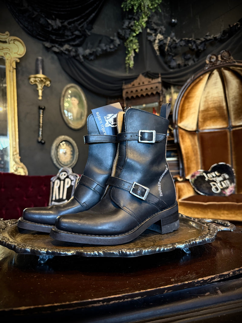 Harley-Davidson Vintage Black Leather Pointed Toe Buckle Boots