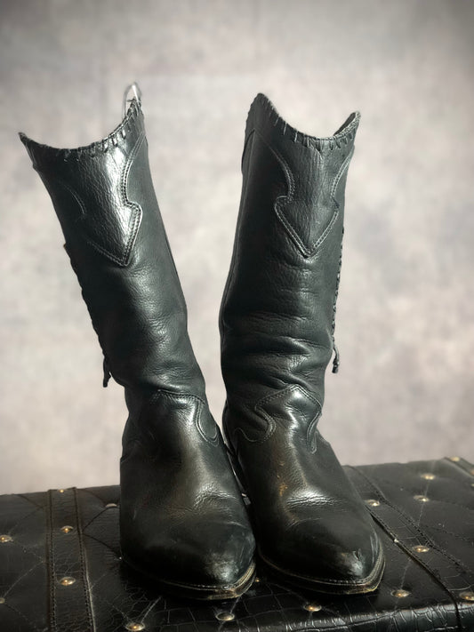 Vintage Zodiac Black Leather Bone Bead Cowboy Boots