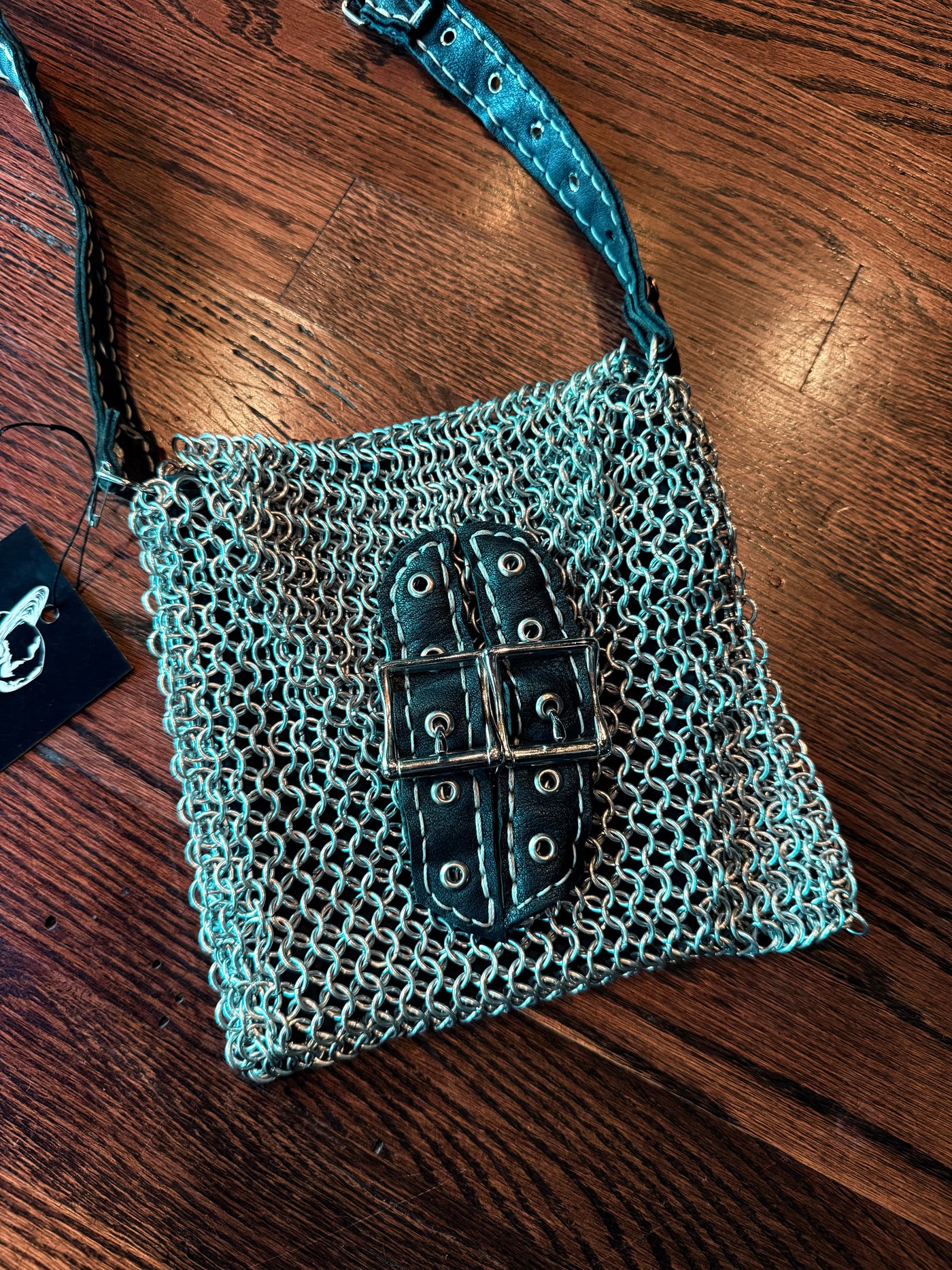 Handmade Silver & Black Vegan Leather Aluminium Chainmail Medium Crossbody Bag