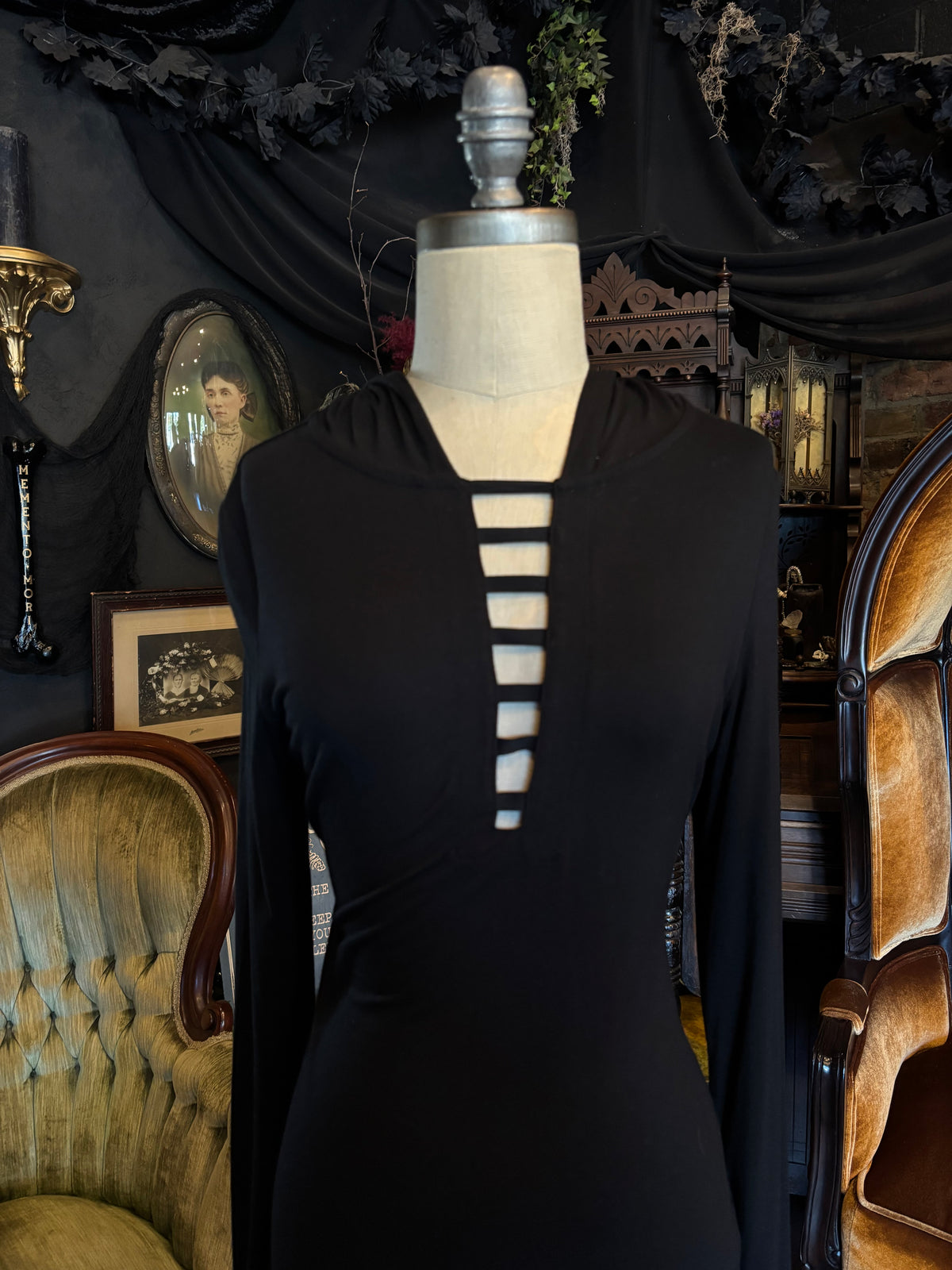 Killstar Goth Vibes Deep V Black Hoodie Mini Dress