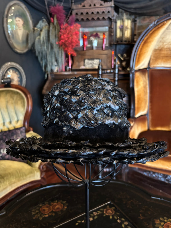 Vintage Black Brimmed Woven Straw Hat