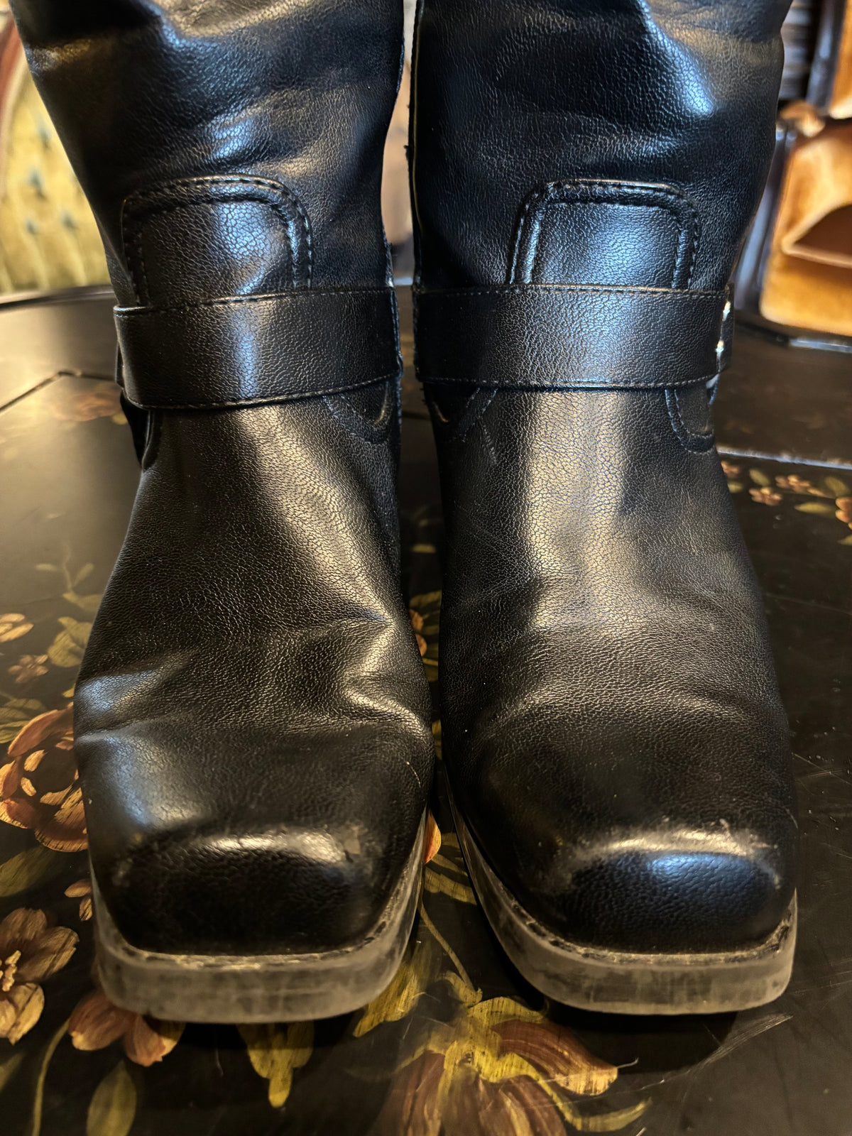 Black Vegan Leather Knee High O-Ring Moto Boots