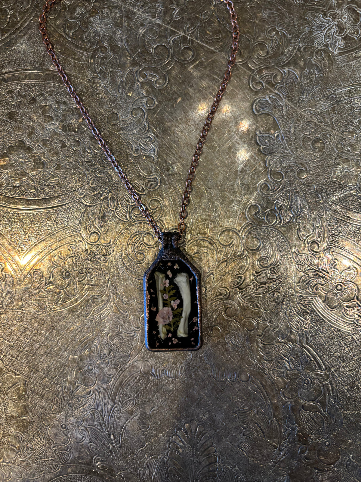 Gorgeous Dried Floral and Animal Bone Acrylic Pendant Necklace by Darling Dead