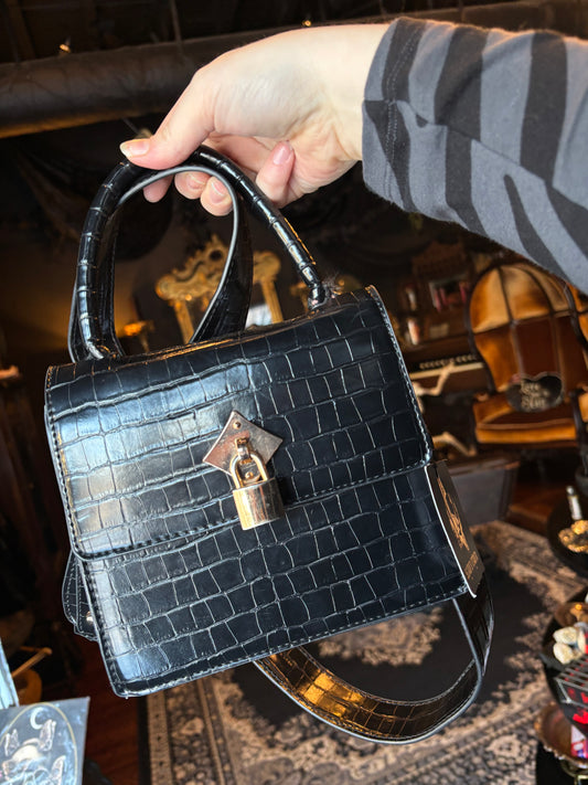 Black Faux Leather Croc Embossed Crossbody Bag w/Gold Tone Hardware