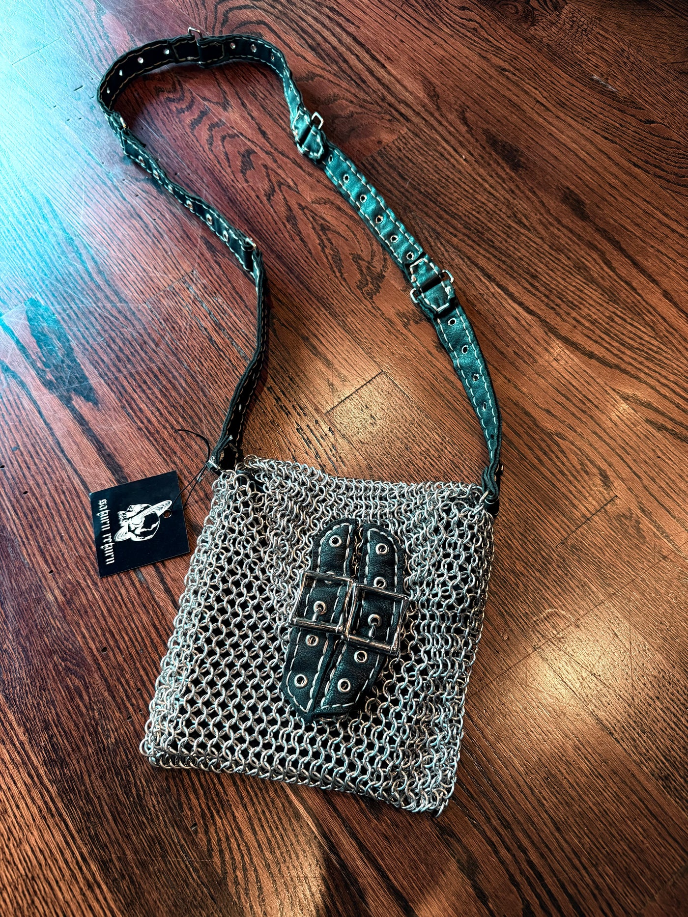 Handmade Silver & Black Vegan Leather Aluminium Chainmail Medium Crossbody Bag