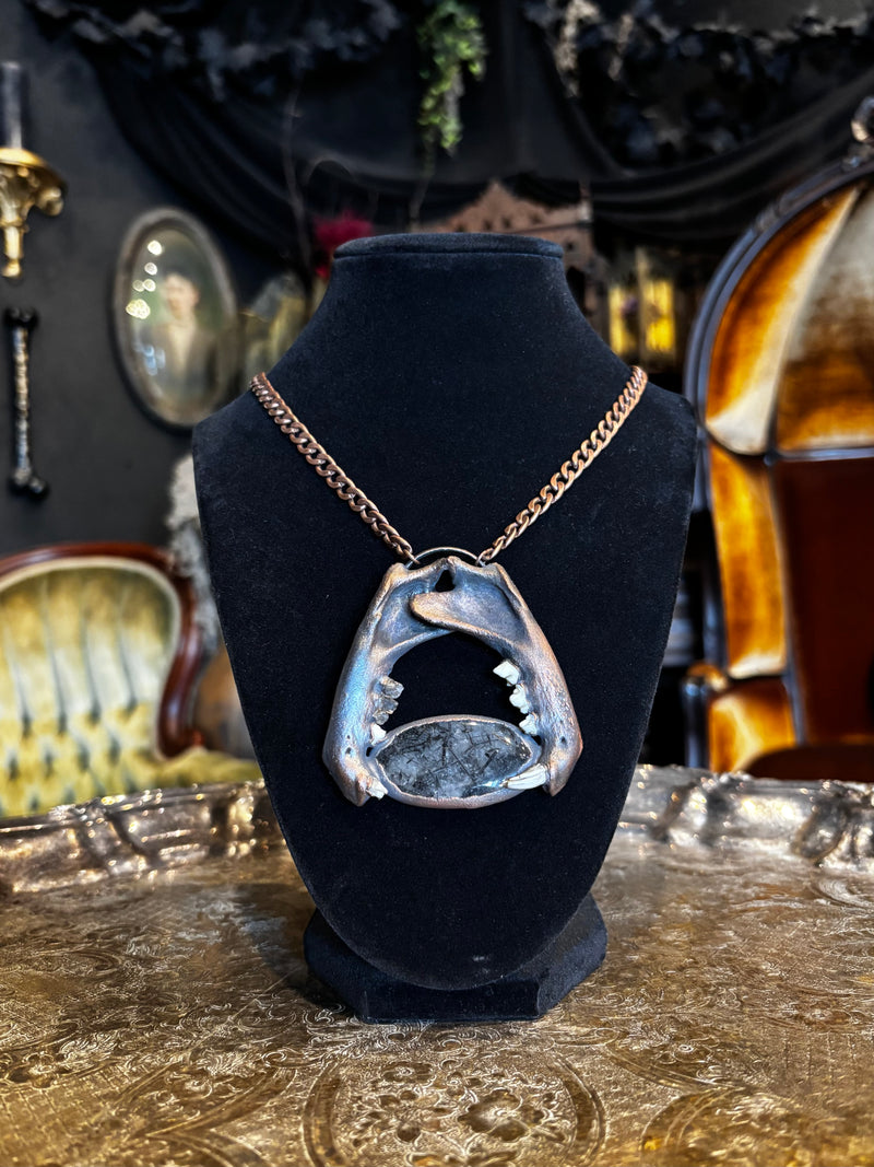 Specialty Copper Toned Jaw Bone Tourmalated Quartz Statement Necklace