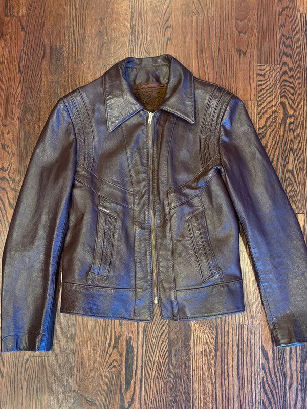 Vintage Samber Leather Brown Cognac Faux Fur Lined Leather Jacket