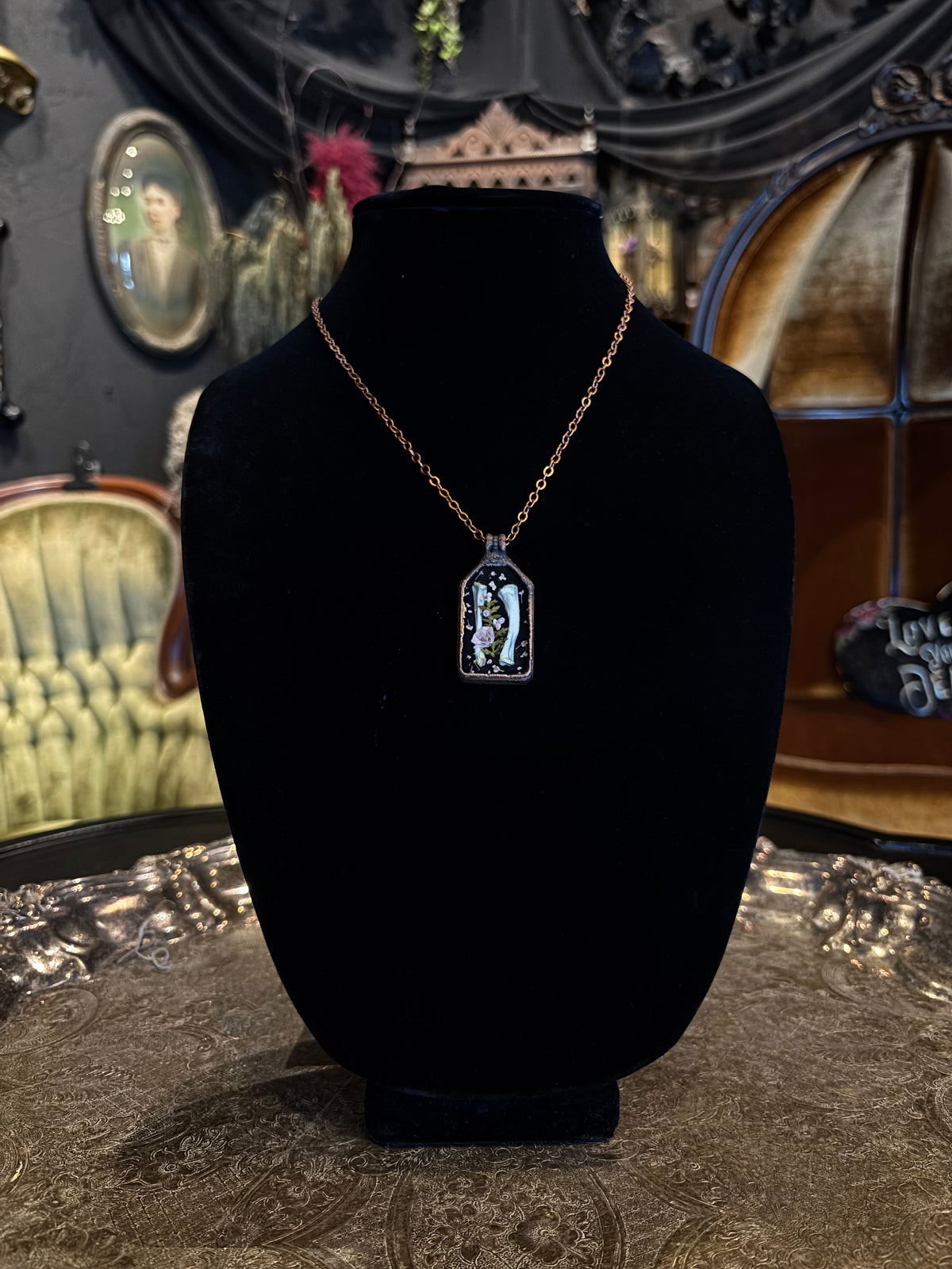 Gorgeous Dried Floral and Animal Bone Acrylic Pendant Necklace by Darling Dead