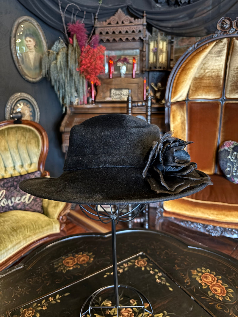 Vintage Nordstrom Chic Black Asymmetrical Felt Hat With Flower Detail