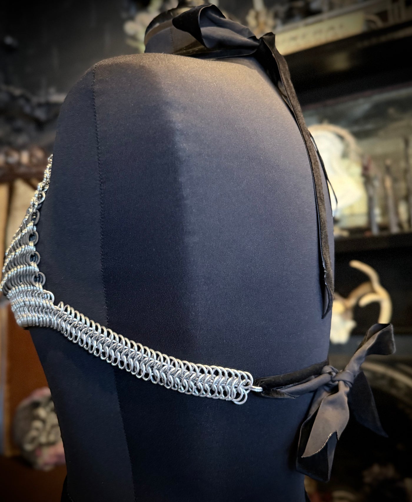 Handmade Silver & Black Velvet Chainmail Bikini Bra Halter Top