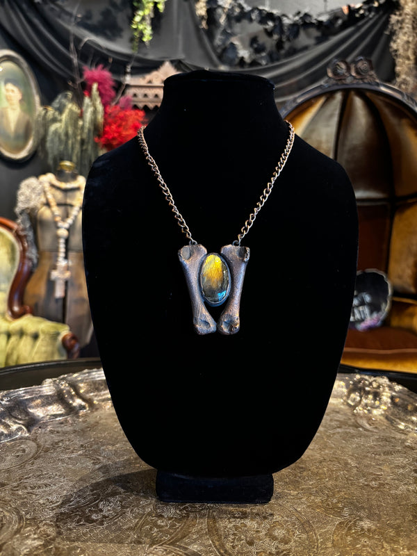 Specialty Statement Oxidized Copper Cast Bone Labradorite Pendant Necklace by Darling Dead