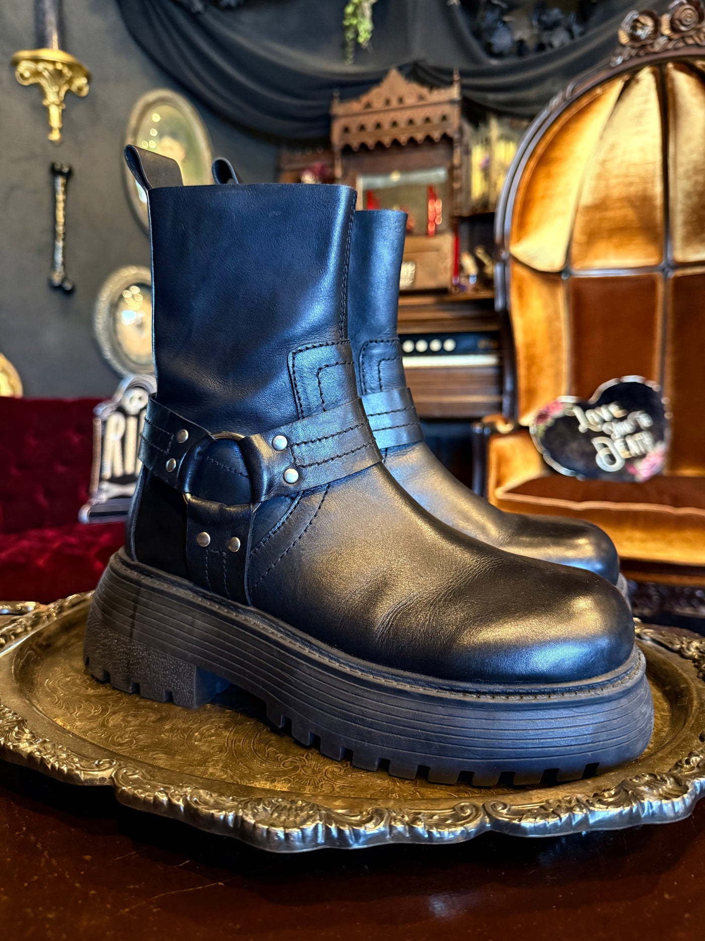 Urban Outfitters Black Leather Platform Moto Boots