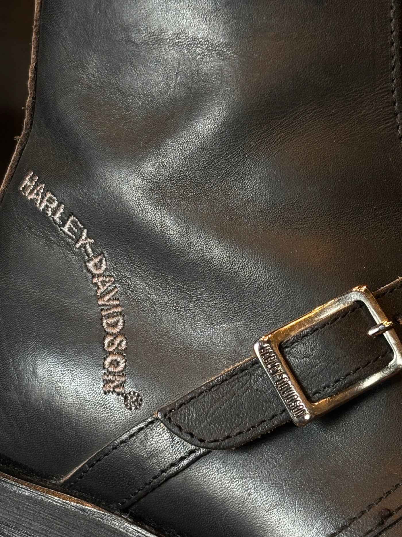 Harley-Davidson Vintage Black Leather Pointed Toe Buckle Boots