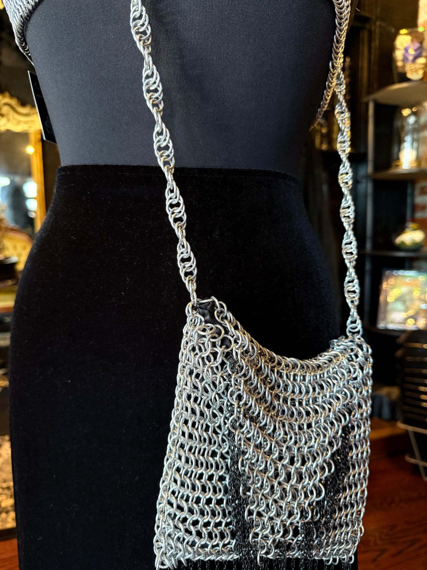 Handmade Silver w/Black Chain Chainmail Crossbody Medium Size Bag