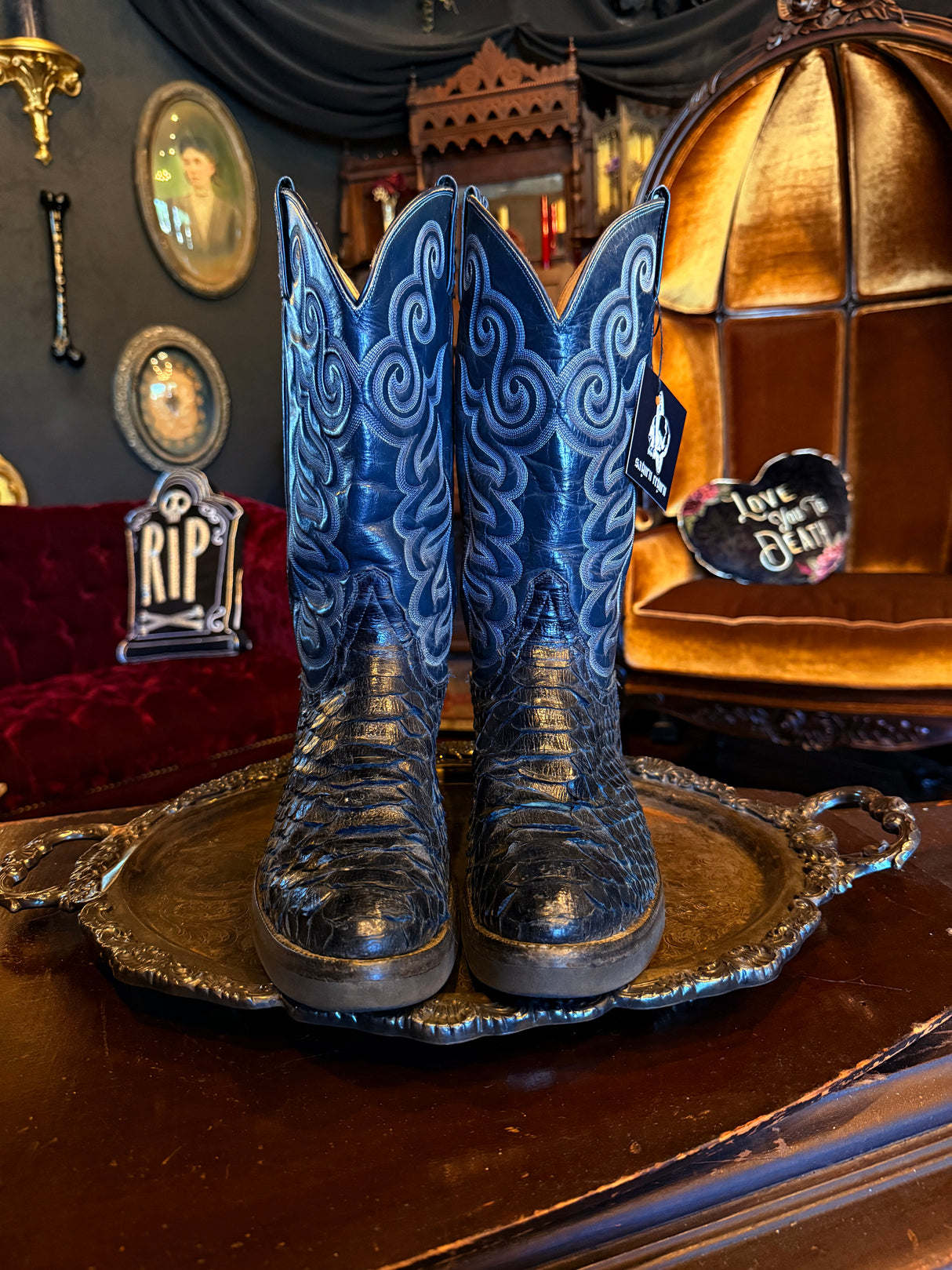 Tony Lama Dark Blue Teal Snakeskin Ornate Cowboy Boots