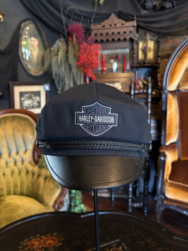 Vintage Harley-Davidson Black Cotton and Faux Leather Captain Hat