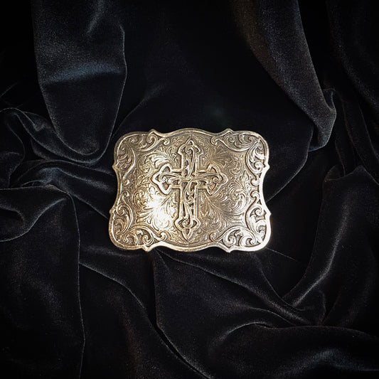 Stainless Steel Ornate Crucifix Engraved Belt Buckle