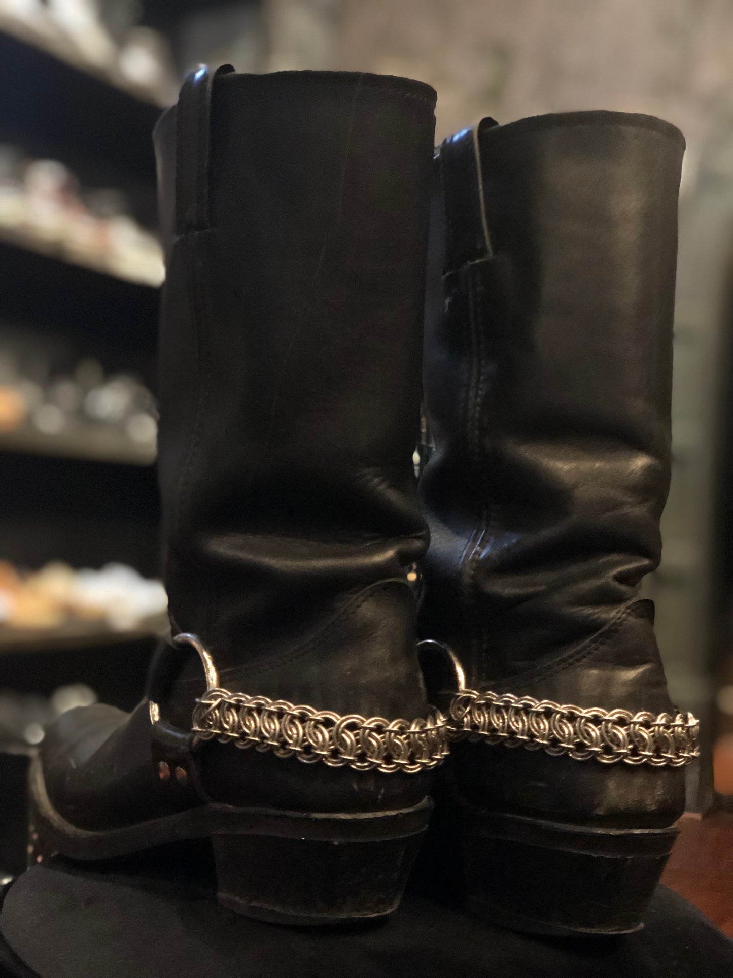 FRYE Black Boots with Custom Chainmail Boot Strap