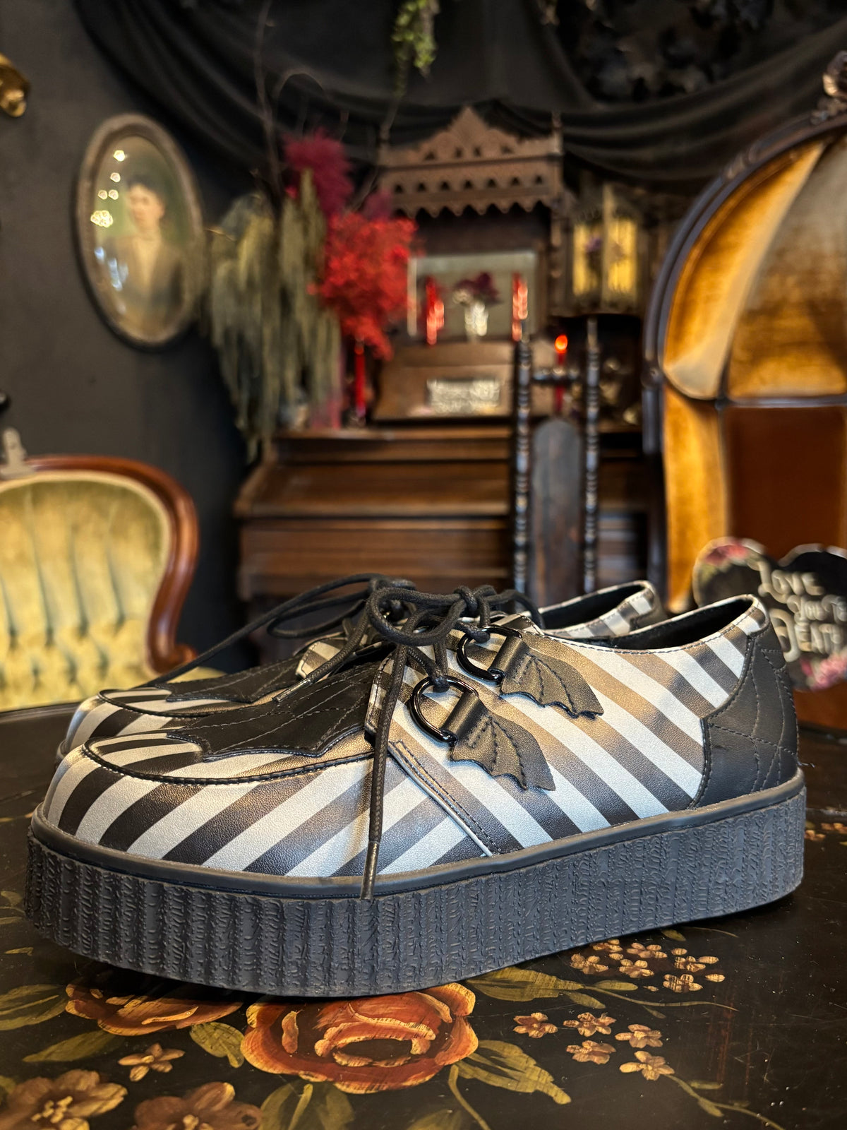 Strange Cvlt Black & Grey Stripe Widow Creepers