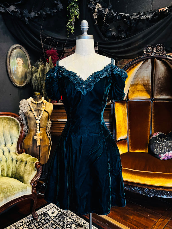 Vintage 90s Emerald Velvet Fit and Flare Mini Party Dress