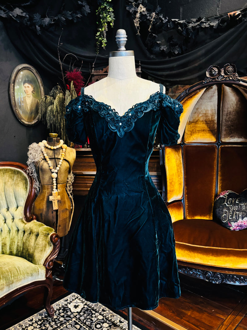 Vintage 90s Emerald Velvet Fit and Flare Mini Party Dress