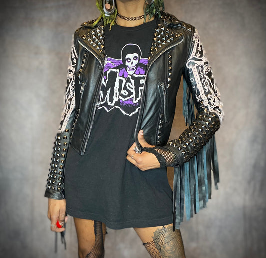 Painkiller Clothing Epic Satanic Printed Studded Fringe Leather Jacket