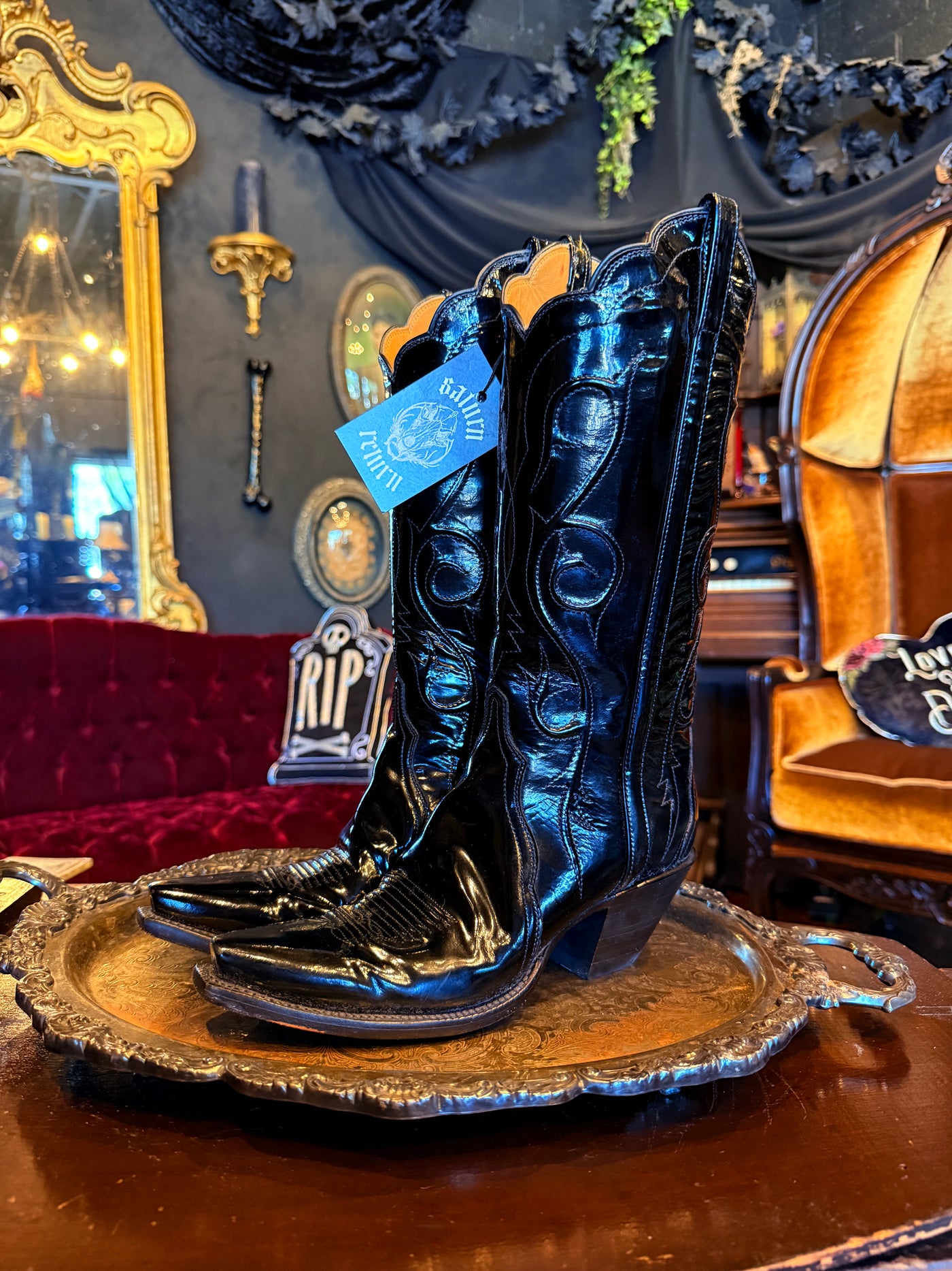 Lucchese Black Patent Leather Cowboy Boots